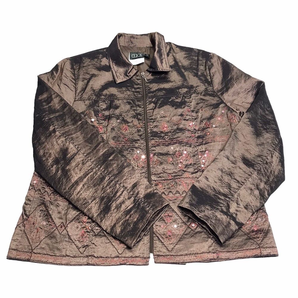 Click Womens size 14 Jacket full zip brown embroider sequins‎ padded shoulder